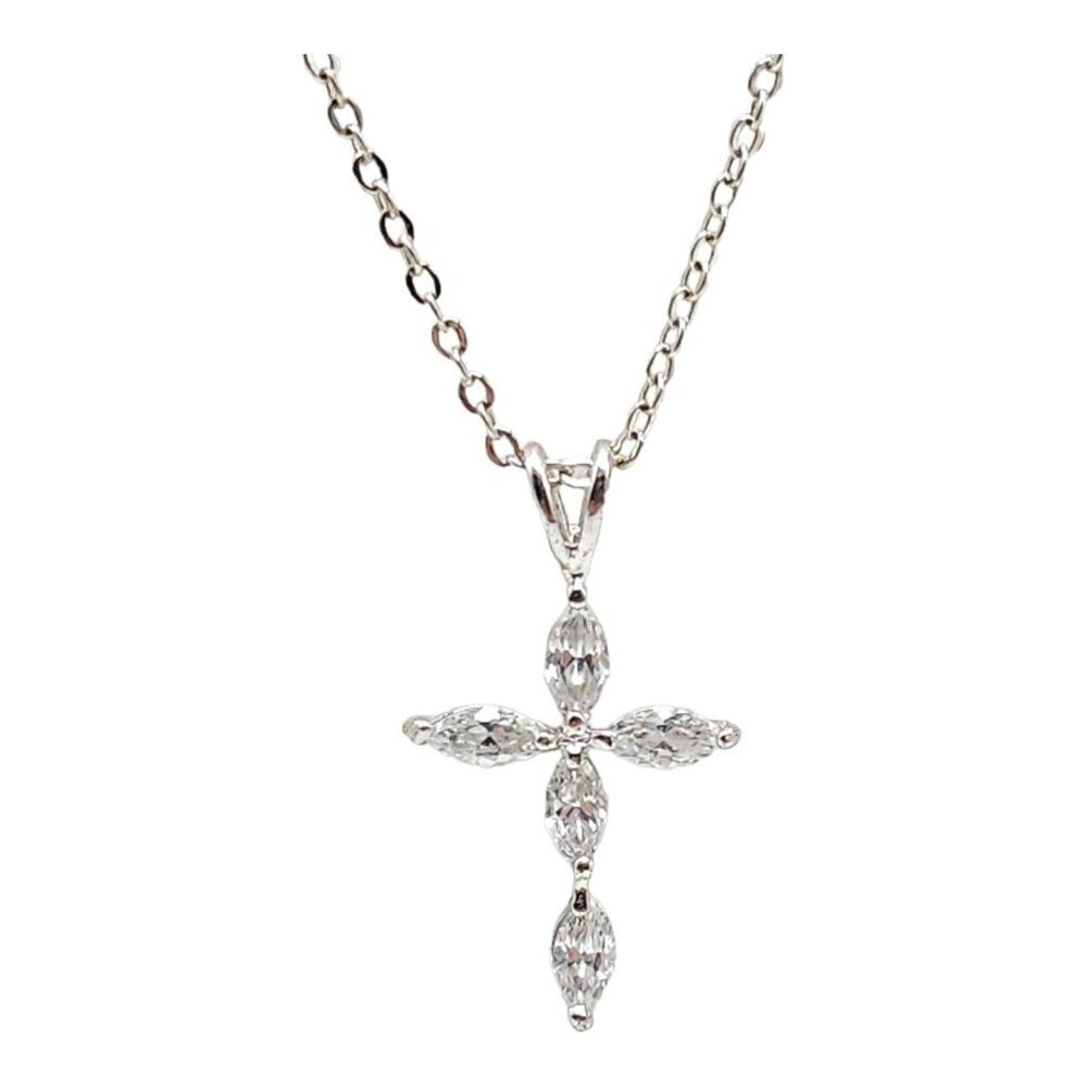 Faceted Crystal Cross Pendant Chain Necklace Silver Tone Spring Ring Closure